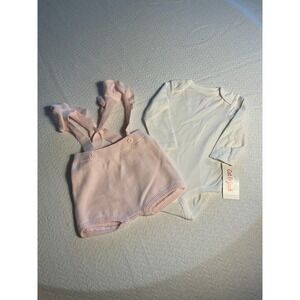 Baby Girl Cat & Jack Pink Knit Suspender Shorts & White Long Sleeve BodySet 3-6M